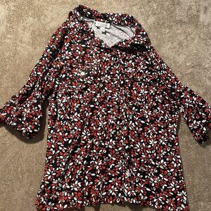 CHARTER CLUB Shirt Womens L Button Up Floral Red Black Blouse Stretch Tab Sleeve